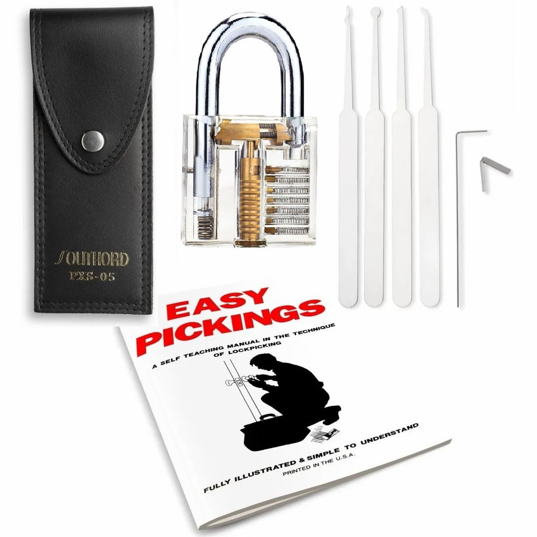 LockPicks Starter Kit: 5 Piece Pick Set & Clear Practice Padlock Set